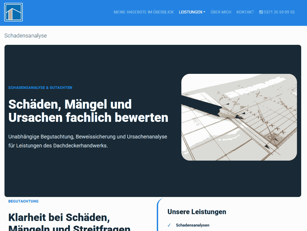 Technisch fundierte Dachgutachten f&uuml;r Gerichte, Versicherungen, private Auftraggeber und Schiedsverfahren.